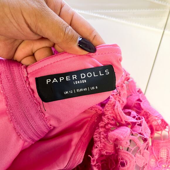 Paper Dolls Size 8 US Off Shoulder Crochet Lace Sheath Dress Pink Knee Length - Picture 7 of 10